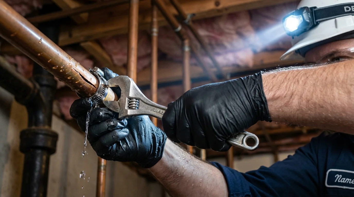 Emergency pipe clamp repair being performed by a Johns Plumbing LLC plumber in Alpena