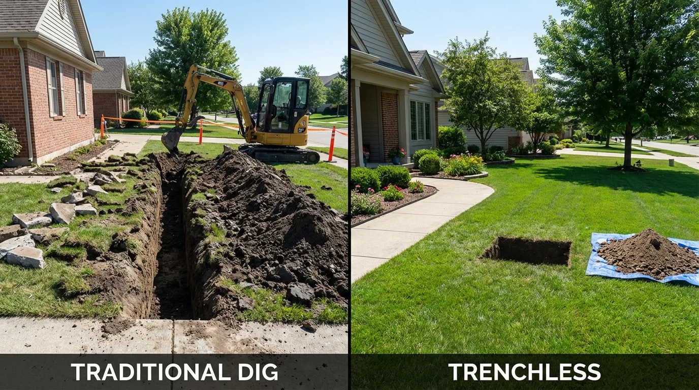 Trenchless sewer repair with minimal yard damage versus traditional excavation in Alpena, MI